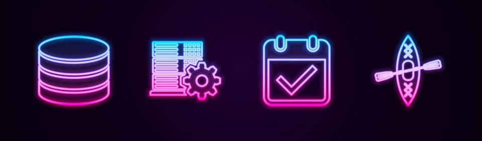 Set line Database, Server setting, Calendar with check mark and Kayak and pad Illustrazione stock