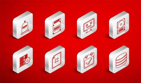 Set line Database, SSD card, Dead monitor, Hard disk drive HDD, Calendar with Illustrazione stock