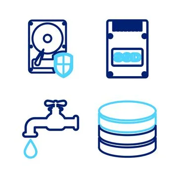Set line Database, Water tap, SSD card and Hard disk drive HDD protection icon イラスト素材