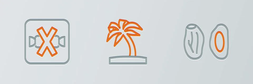 Set line Date fruit, No sweets and Tropical palm tree icon. Vector Stock Illustration