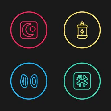 Set line Date fruit, Ramadan fasting, Kareem lantern and Star and crescent icon Stock Illustration