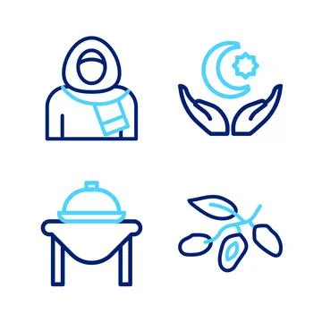 Set line Date fruit, Table food, Star and crescent and Muslim woman in hijab  Illustration