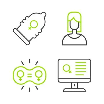 Set line Dating app, Gender equality, Female and Condom icon. Vector Stock Illustration