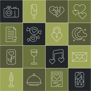 Set line Dating app online, Envelope with Valentine heart, Moon and stars Stock Illustration