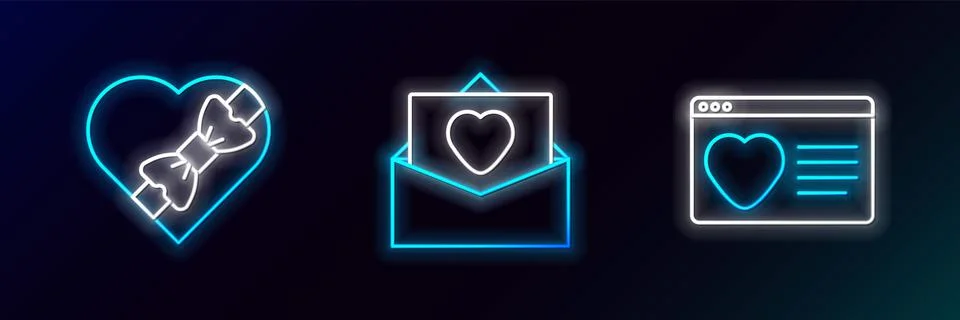 Set line Dating app online, Candy heart shaped box and Envelope with Valentine Stock Illustration