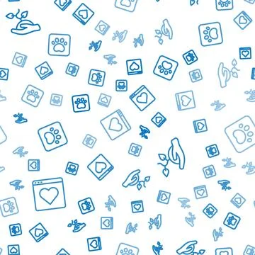 Set line Dating app online, Volunteer team planting trees and Paw print on Stock Illustration
