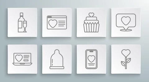 Set line Dating app online, Condom, Online dating and chat, Heart shape flo.. Stock-Illustration