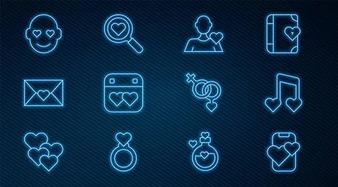 Set line Dating app online mobile, Music note, tone with hearts, Romantic m.. Stock Illustration