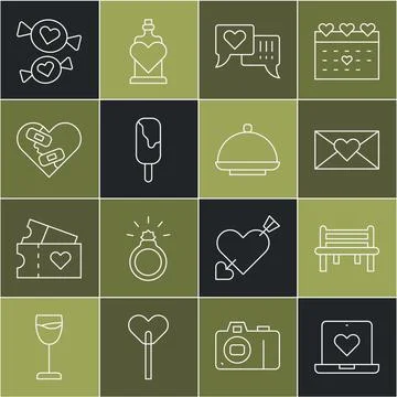 Set line Dating app online, Romantic bench, Envelope with Valentine heart, .. Stock Illustration