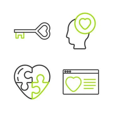 Set line Dating app online, Heart, Head with heart and Key shape icon. Vector Stock Illustration