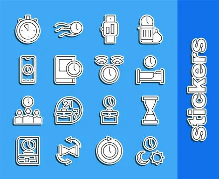 Set line Day and night with time, Old hourglass sand, Time to sleep, Smartwatch Illustrazione stock