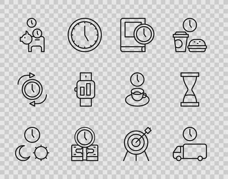 Set line Day and night with time, Delivery, Time for book, is money, Piggy .. Stock Illustration