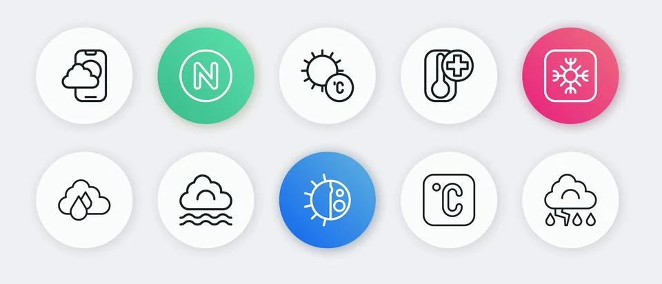 Set line Day night cycle, Snowflake, Cloud with rain, Celsius, Thermometer,.. Stock Illustration