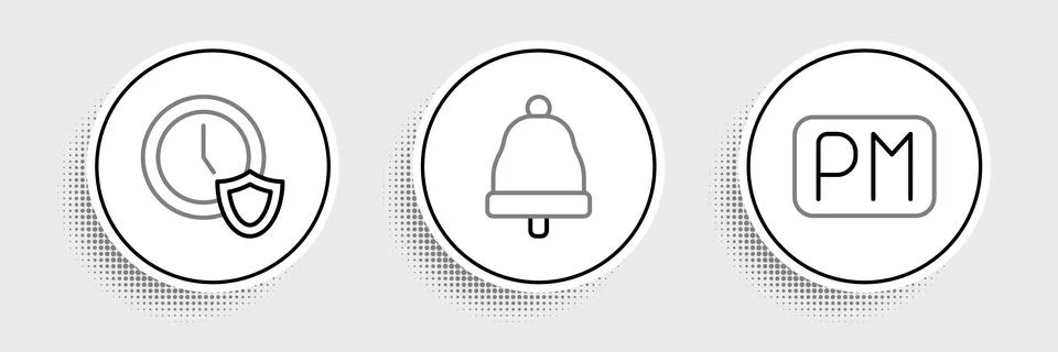 Set line Day time, Clock with shield and Ringing bell icon. Vector Stock Illustration