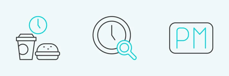 Set line Day time, Fast food and Magnifying glass with clock icon. Vector Stock Illustration