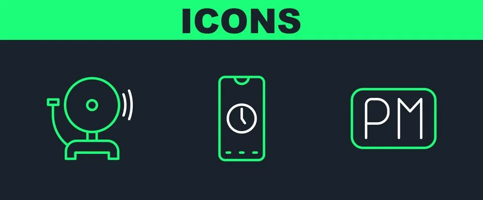 Set line Day time, Ringing alarm bell and Alarm clock app mobile icon. Vector Illustrazione stock