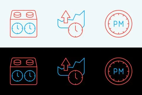 Set line Day time, Time chess clock and Stocks market growth graphs icon. V.. Stock Illustration