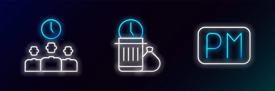 Set line Day time, Time Management and Waste of icon. Glowing neon. Vector Stock Illustration