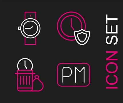 Set line Day time, Waste of, Clock with shield and Wrist watch icon. Vector Stock Illustration