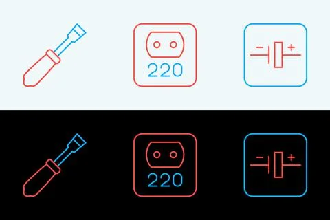 Set line DC voltage source, Screwdriver and Electrical outlet icon. Vector Stock Illustration