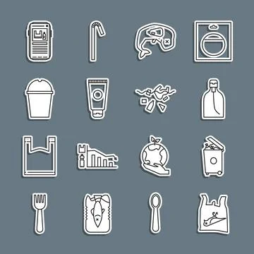 Set line Dead bird, plastic, Trash can, Bottle of liquid soap, Environment .. Stock Illustration