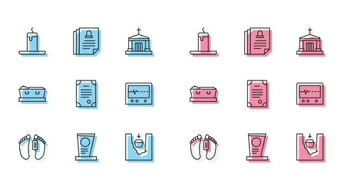 Set line Dead body, Grave with tombstone, Burning candle, Coffin grave, Dea.. Stock Illustration