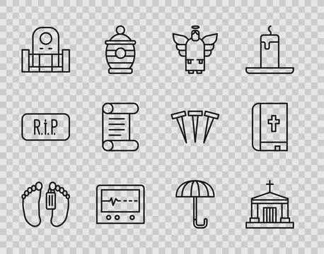 Set line Dead body, Old crypt, Christmas angel, Beat dead in monitor, Grave w Ilustración de archivo