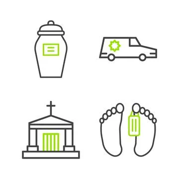 Set line Dead body, Old crypt, Hearse car and Funeral urn icon. Vector Ilustración de archivo