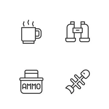 Set line Dead fish, Ammunition box, Coffee cup and Binoculars icon. Vector Stock Illustration