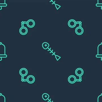 Set line Dead fish, Binoculars and Ship bell on seamless pattern. Vector 스톡 일러스트