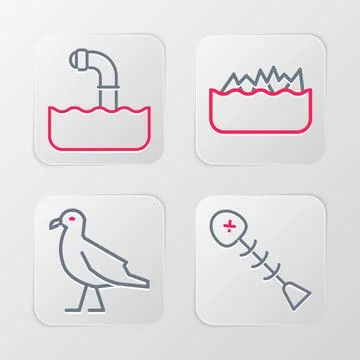 Set line Dead fish, Bird seagull, Sharp stone reefs and Periscope icon. Vector Stock Illustration