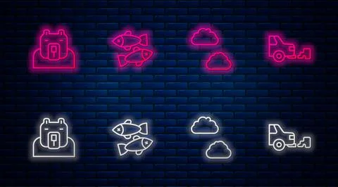 Set line Dead fish, Cloud, Polar bear head and Car exhaust. Glowing neon icon on Stock Illustration