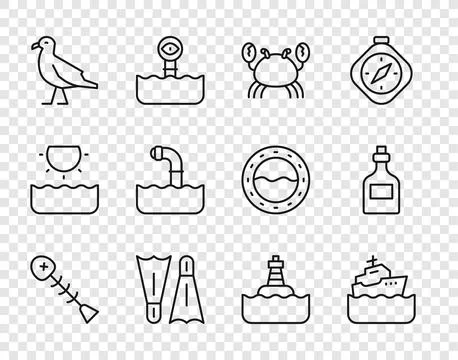 Set line Dead fish, Cruise ship, Crab, Flippers for swimming, Bird seagull 스톡 일러스트