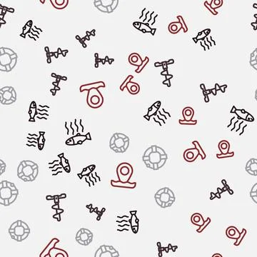 Set line Dead fish, Hand ice drill, Lifebuoy and Location fishing on seamless Stock Illustration