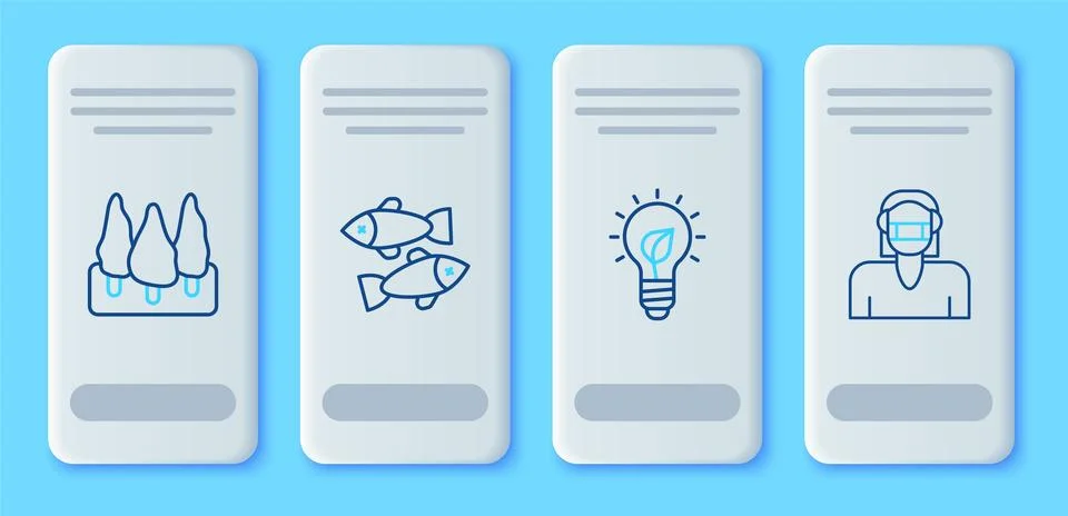 Set line Dead fish, Light bulb with leaf, Forest and Face in protective mas.. Stock Illustration