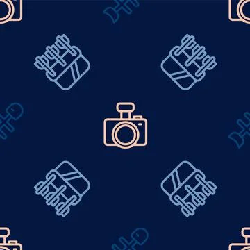 Set line Dead fish, Quiver with arrows and Photo camera on seamless pattern Stockillustratie