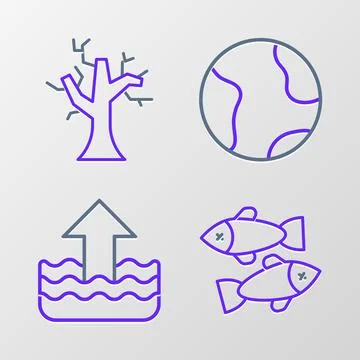 Set line Dead fish, Rise in water level, Earth globe and Withered tree icon.. Stock Illustration