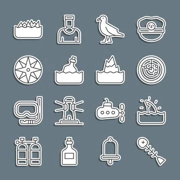 Set line Dead fish, Shark fin in ocean wave, Radar with targets, Bird seagu.. Stock Illustration