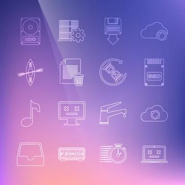 Set line Dead laptop, Cloud sync refresh, SSD card, Floppy disk backup, Delete Illustrazione stock