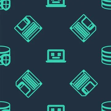 Set line Dead laptop, Floppy disk and Database protection on seamless pattern 库存插图