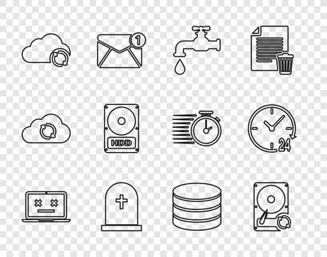 Set line Dead laptop, Hard disk drive HDD sync refresh, Water tap, Tombston.. Stock Illustration