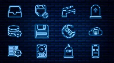 Set line Dead mobile, Cloud database, Water tap, Floppy disk, Setting server イラスト素材