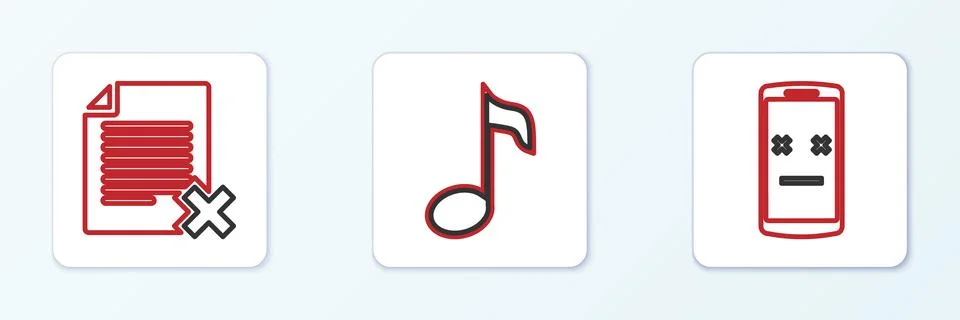 Set line Dead mobile, Delete file document and Music note, tone icon. Vector 스톡 일러스트