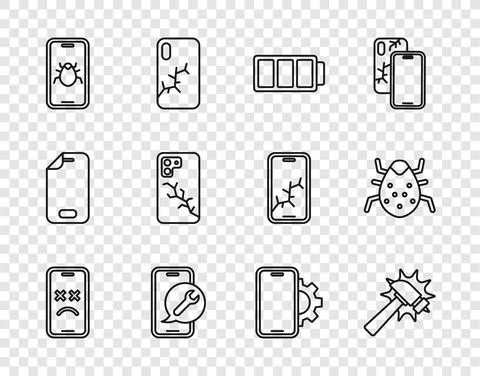 Set line Dead mobile, Hammer, Battery, Mobile service, System bug on, with Stock Illustration