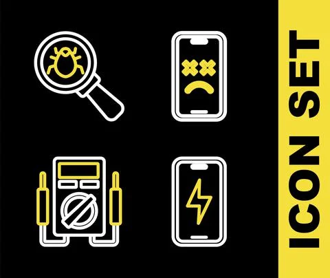 Set line Dead mobile, Mobile charging battery, Multimeter and System bug icon Stock Illustration