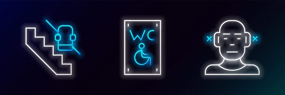 Set line Deaf, Disabled elevator and Separated toilet for disabled icon. Gl.. Stock Illustration