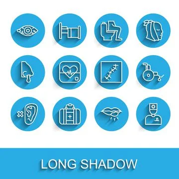 Set line Deaf, First aid kit, Reddish eye, Herpes lip, Male doctor, Heart rate Stock Illustration