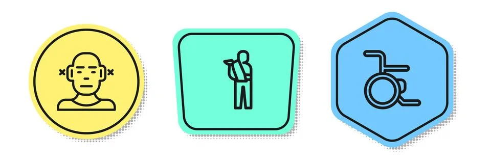 Set line Deaf, Human broken arm and Wheelchair. Colored shapes. Vector Stock Illustration