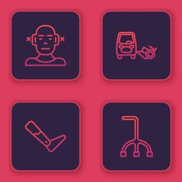 Set line Deaf, Prosthesis leg, Disabled car and Walking stick cane. Blue square Illustration