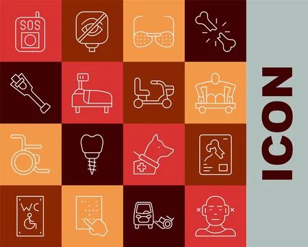 Set line Deaf, X-ray shots, Man without legs sitting wheelchair, Blind glasses Stock Illustration